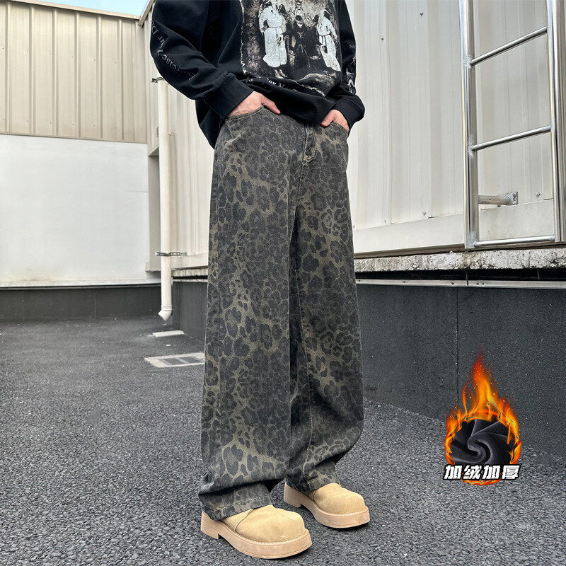 Plush fleece outdoor large size American leopard print jeans