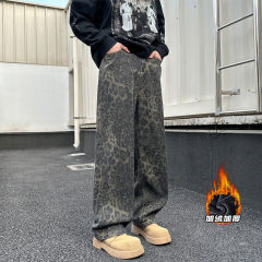 Plush fleece outdoor large size American leopard print jeans