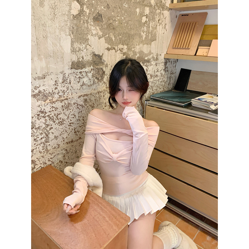 One-shoulder off-shoulder bow long-sleeved bottoming slim fit soft waxy top