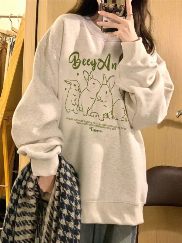 Chinese cotton composite thin 310g/plus velvet 410g autumn and winter sweatshirt for women with printed large size loose round neck