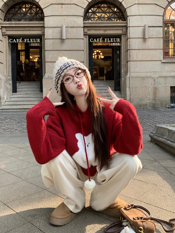 Fried Chicken Cute Bear Sweater Fur Ball Drawstring Hooded Sweater Top