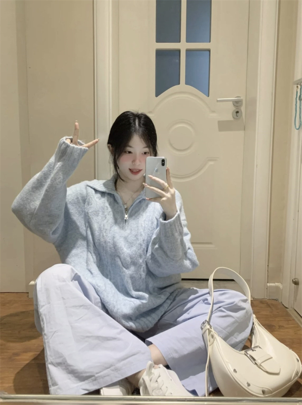 Blue sweater women's fufu lazy style Korean style late autumn and early winter wear knitted inner top