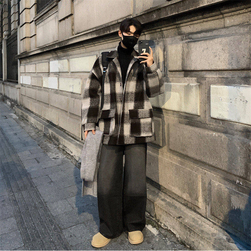 Autumn and winter European woolen wool suit loose coat top plaid loose coat