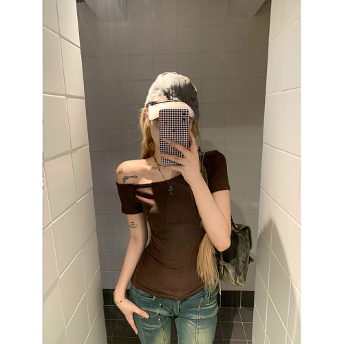 Designed off-shoulder slimming short-sleeved T-shirt feminine hot girl short niche slanted shoulder top