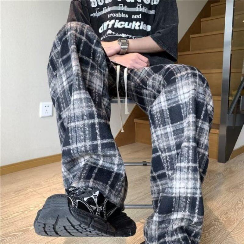 Wool plaid soft waxy style trousers autumn and winter high waist classic retro casual slim narrow wide leg trousers