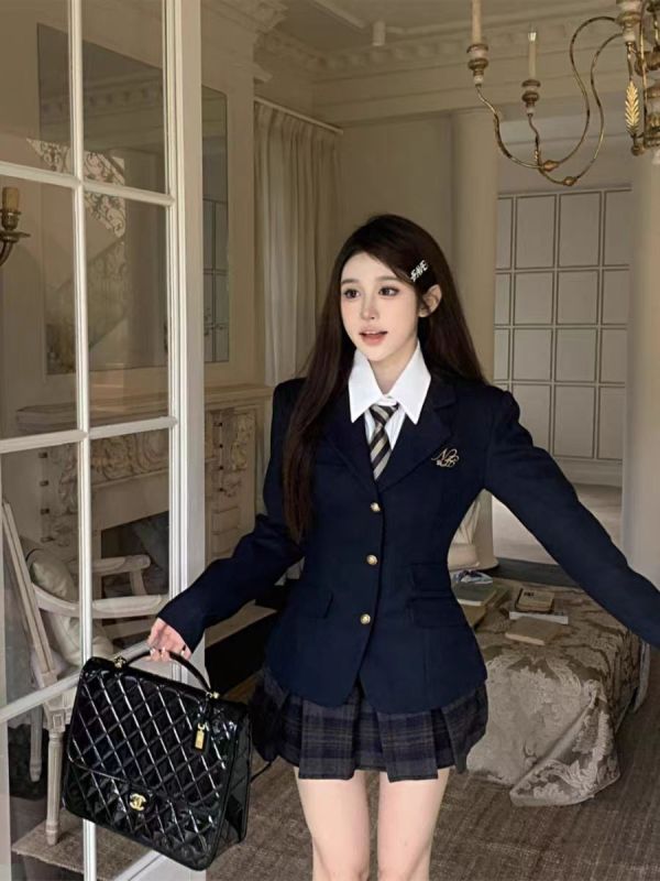 Korean style British college style suit spring and autumn JK uniform waist slimming woolen suit jacket plaid pleated skirt for women