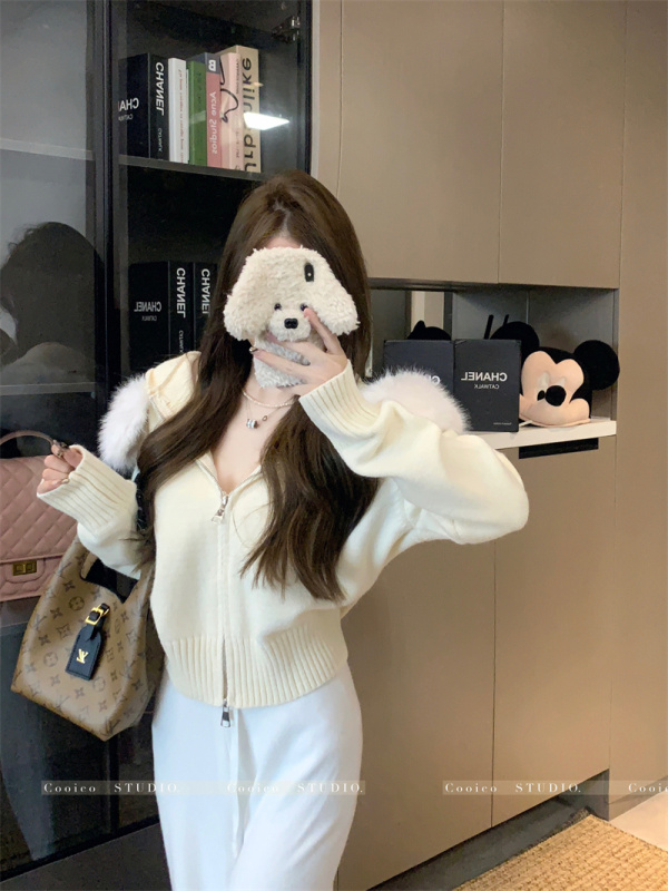 Niche furry hooded knitted cardigan women's autumn and winter atmosphere loose casual sweater jacket