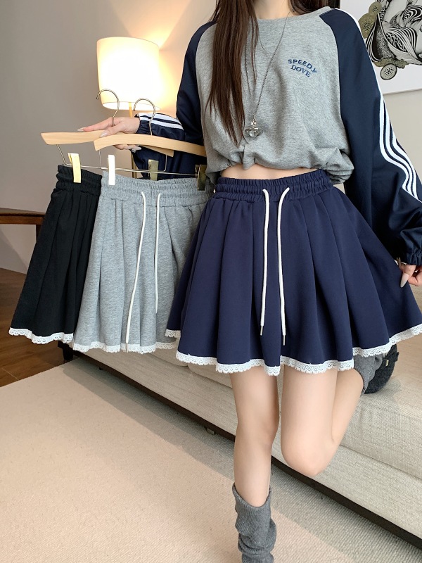 New lace casual drawstring pleated skirt high waist slimming anti-exposure A-line skirt