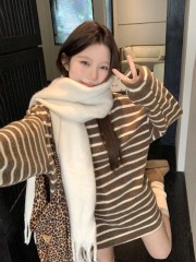 Effortless striped loose double-sided brushed thickened round neck long-sleeved T-shirt top for women