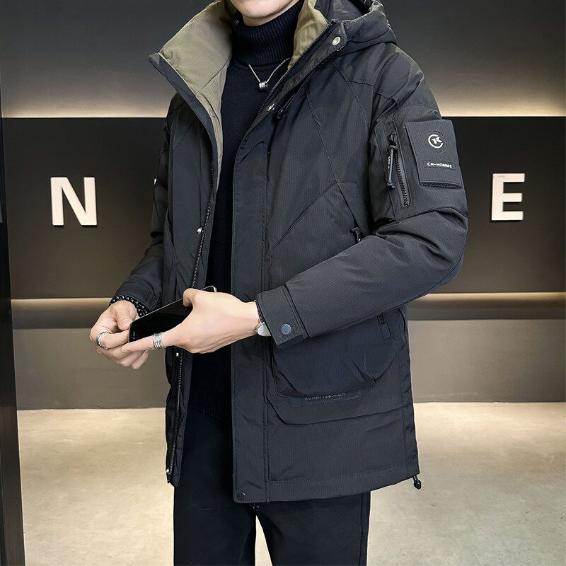 Winter mid-length down jacket men's hooded one-hand long coat