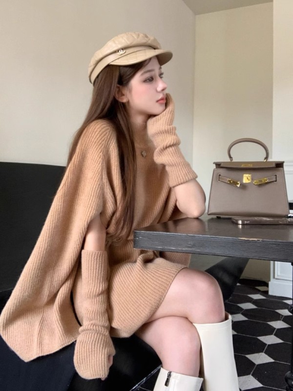 Half turtleneck knitted cape sweater jacket for women, autumn and winter retro design, lazy style, loose casual sleeve top
