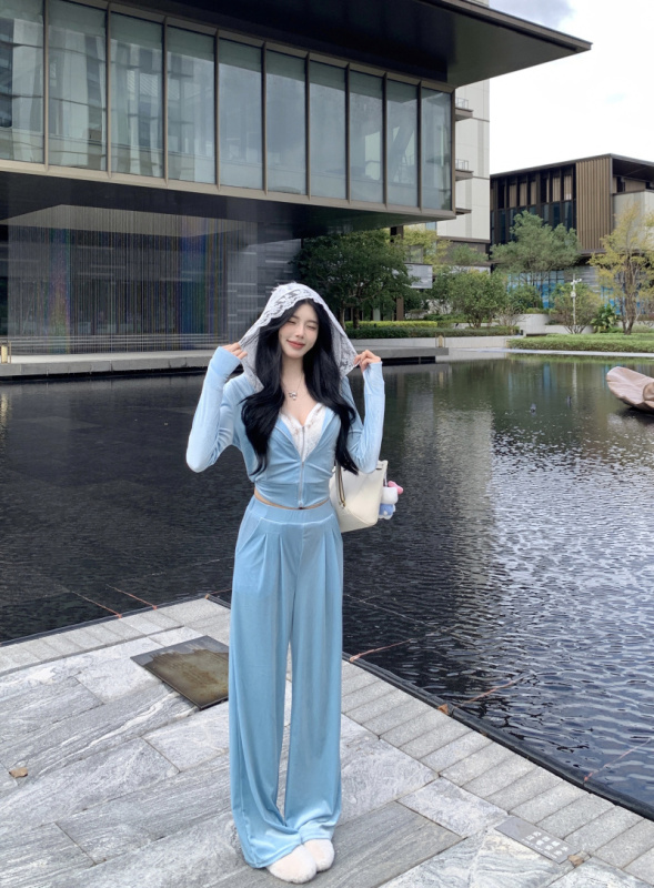 Gorgeous party velvet sports suit fake two-piece lace hooded jacket straight pants
