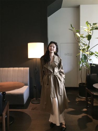 New high-end and elegant double-breasted lace-up waist long coat