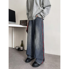 Autumn and winter new style side stripe stitching trendy jeans men's American retro handsome pants
