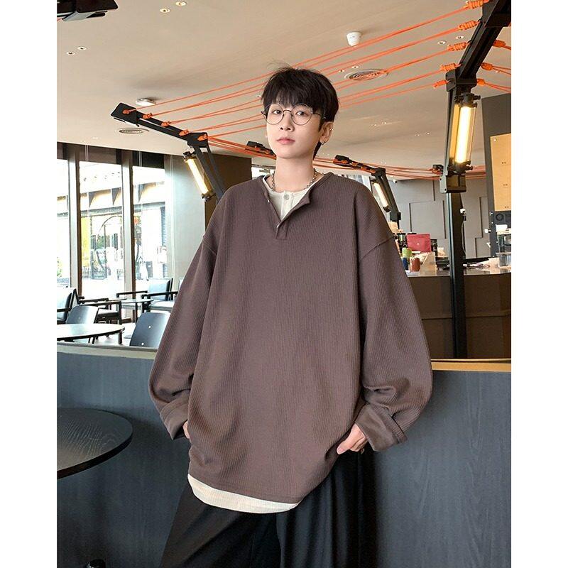 Fake two-piece Henry collar design T-shirts for men in spring and autumn new loose casual long-sleeved tops trendy