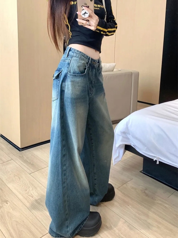 American Retro High Street Pocket Jeans Women's 2024 Autumn and Winter New Low-Waist Loose Wide-Leg Pants Floor-Mopping Pants Trendy