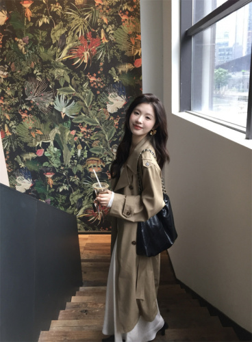 New high-end and elegant double-breasted lace-up waist long coat