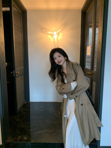 New high-end and elegant double-breasted lace-up waist long coat