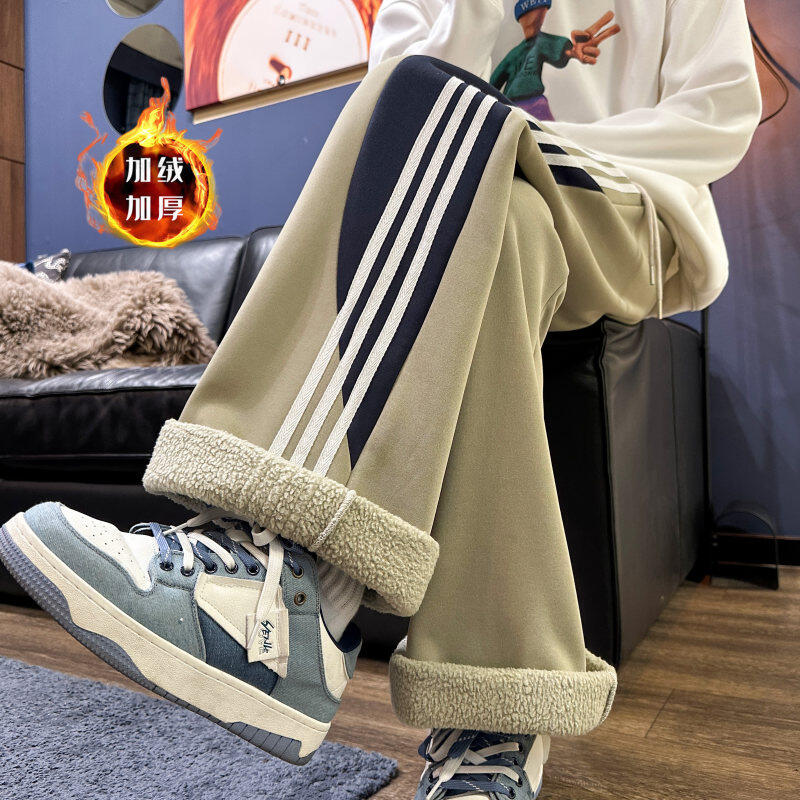 Autumn new style velvet thickened contrasting color stitching webbing casual trousers
