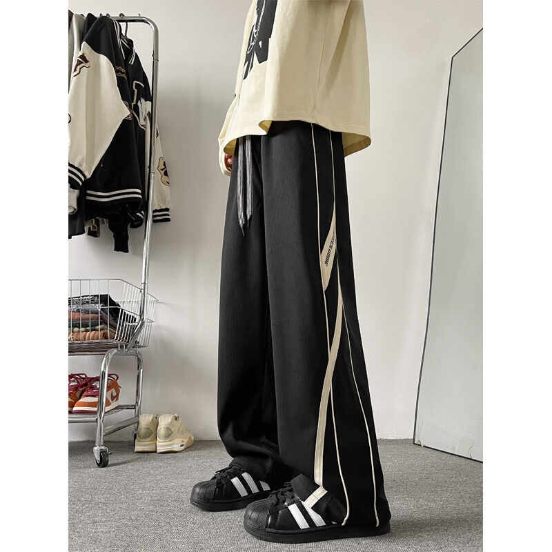 Spring new loose striped straight floor mopping pants spliced ​​casual sports trousers for men