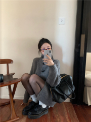 Lazy style horn button lapel sweater jacket for women winter mid-length long-sleeved knitted cardigan