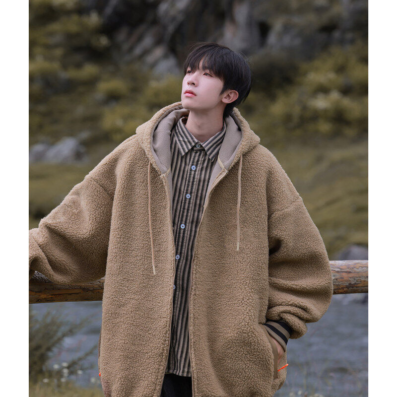 Winter casual solid color lambswool cardigan hooded coat