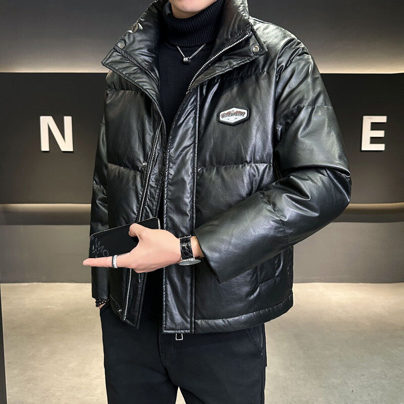 PU leather down jacket men's new stand collar loose version high quality goods