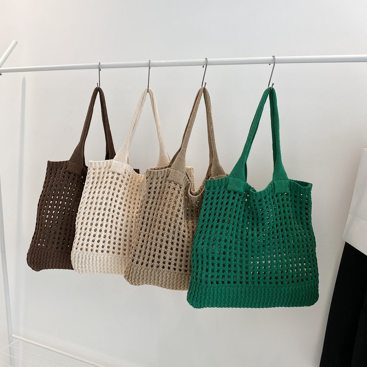 New cross-border European and American hollow retro woven wool women's shoulder bag commuter large-capacity knitted bag tote bag