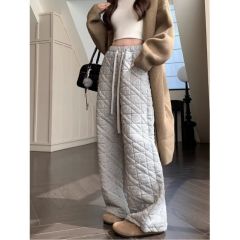 Spot three-dimensional waist elastic waist gray diamond warm cotton pants women's winter loose wide-leg pants straight pants