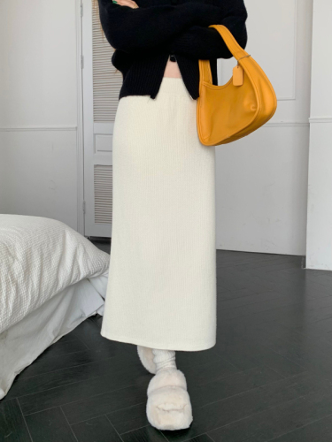 2024 New Knitted Skirt Women's Autumn and Winter High Waisted Slimming Mid-Length One-step Open Tube Hip Covering Skirt