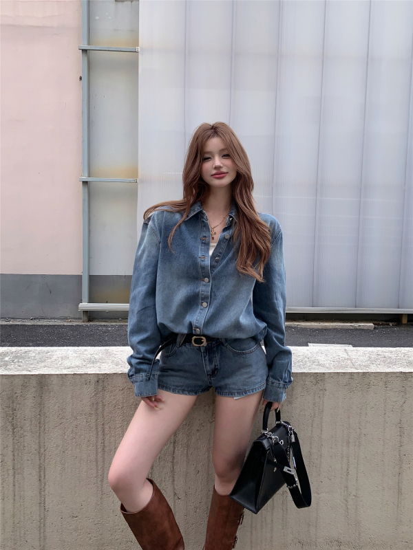 Parisian accent blue retro top washed shirt women's autumn denim shorts suit