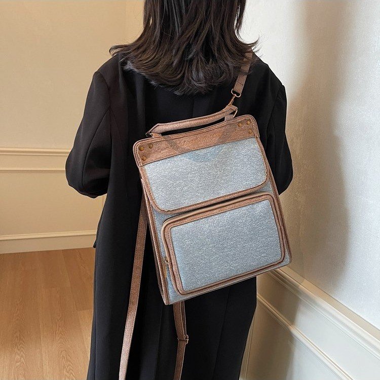 Retro college style denim portable large capacity bag for women 2024 new contrast color stitching casual backpack