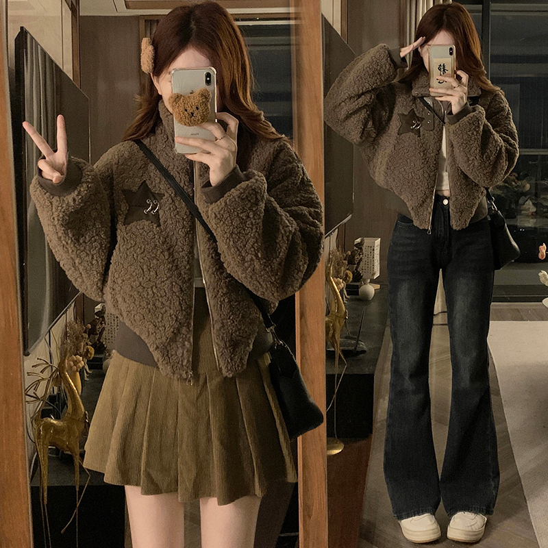 Winter new design stand-up collar sherpa jacket for women soft and waxy lazy style short plus velvet jacket top