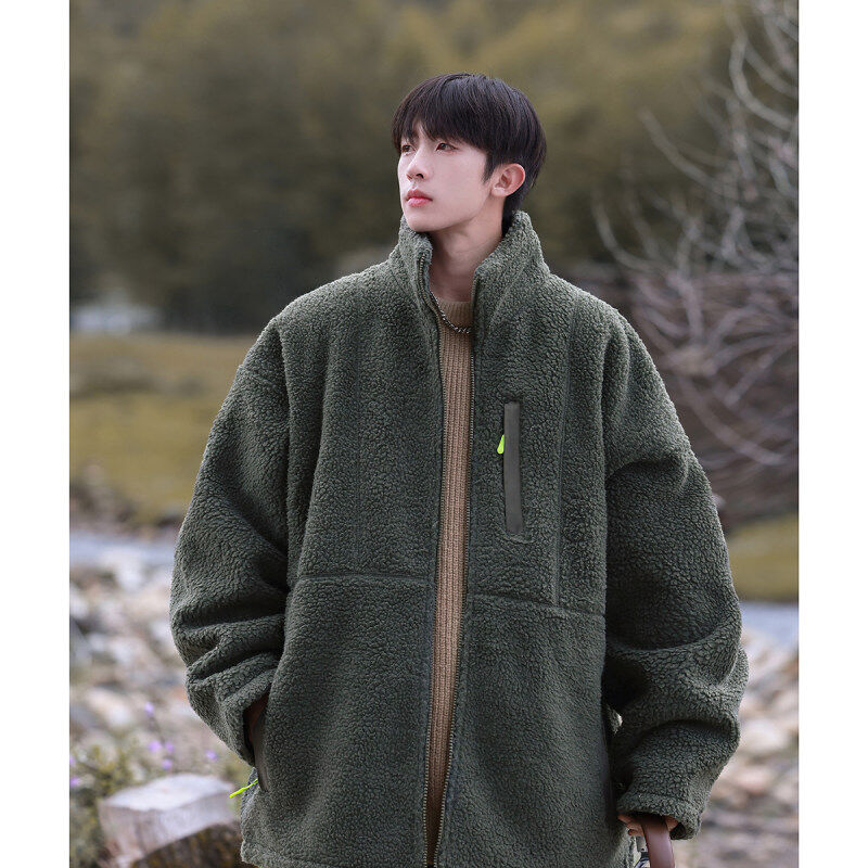 Winter simple contrasting color zipper pocket lamb wool coat and cotton coat