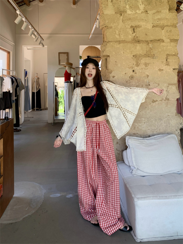 Summer sun protection hollow jacket + high waist drawstring plaid pants!