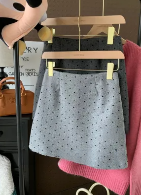 2024~Flocked love polka dot thickened woolen skirt in autumn and winter, versatile high-waisted A-line skirt