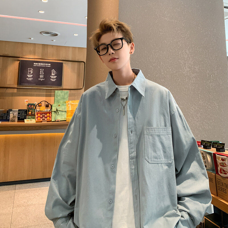 Hong Kong style new 24 autumn solid color casual cotton loose large size shirt