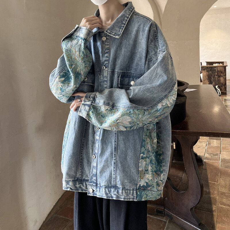 Embroidered patchwork denim jacket men's coat men's large size national fashion Hong Kong style jacket