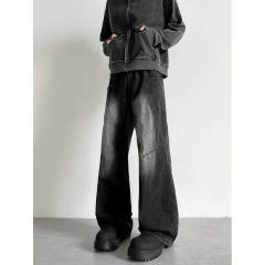 Autumn American retro nostalgic washed jeans men's trendy brand structure splicing loose overalls pants