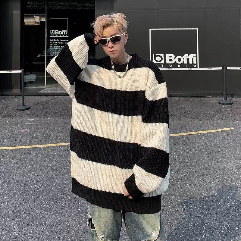 Striped Sweater Japanese Retro Men's Knitted Sweater Autumn and Winter New Jacket Trendy Brand Lazy Style Loose Pullover Jacket