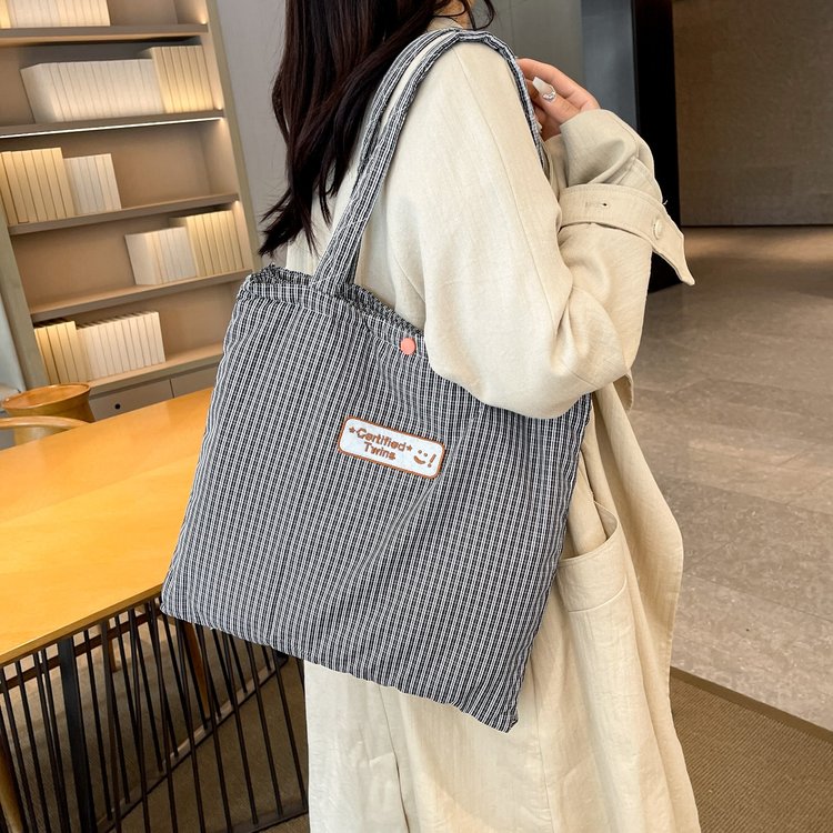 ins Japanese and Korean plaid double pocket large capacity tote bag new single shoulder lazy style casual cloth bag single shoulder bag