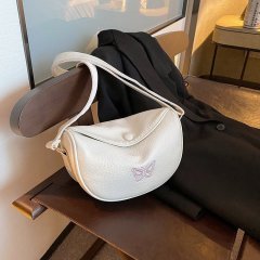2024 Solid Color PU Trendy Personalized Daily Commuting Bag Simple Women's Bag Shoulder Bag Underarm Bag Embroidered Butterfly Women's Bag