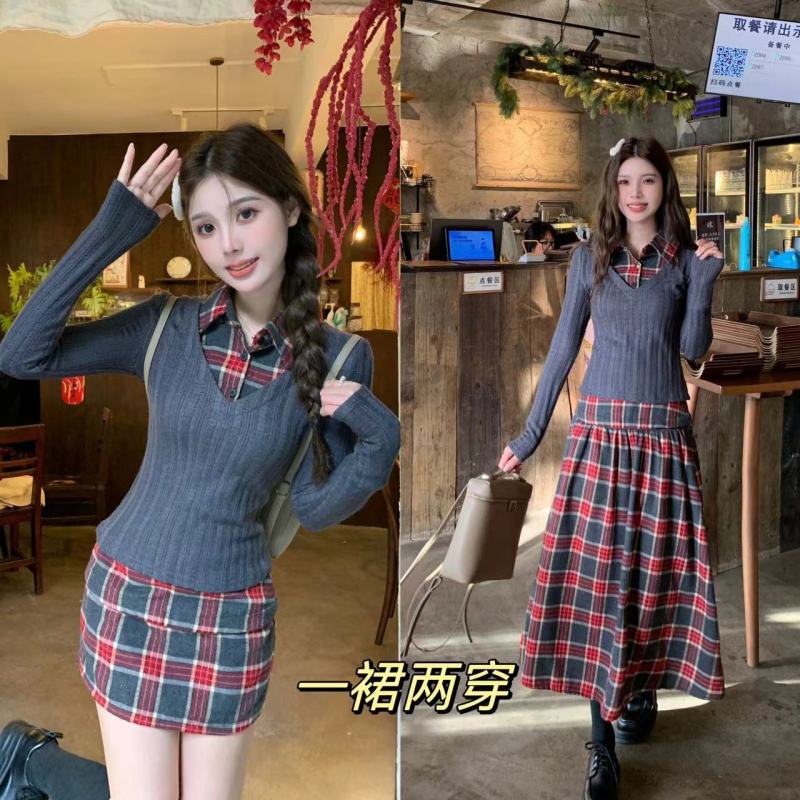 Plus size ~ spring college style niche design stitching plaid fake two-piece top two-wear skirt suit for women