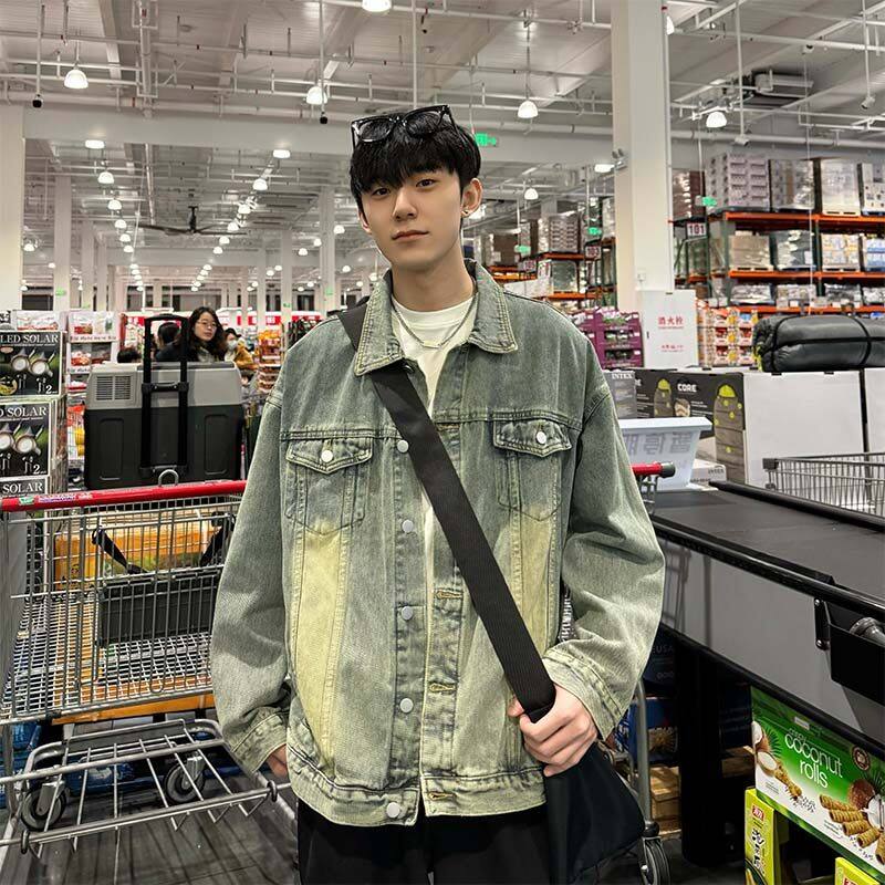 Yellow mud casual distressed washed American denim jacket for men