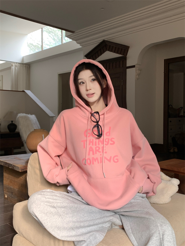 Korean style velvet thickened hooded long-sleeved sweatshirt for women 2024 winter new style loose letter print temperament top trendy