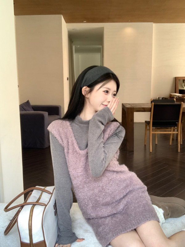 Half-turtle collar bottoming shirt for women + lazy mid-length hoop hair vest autumn and winter vest skirt