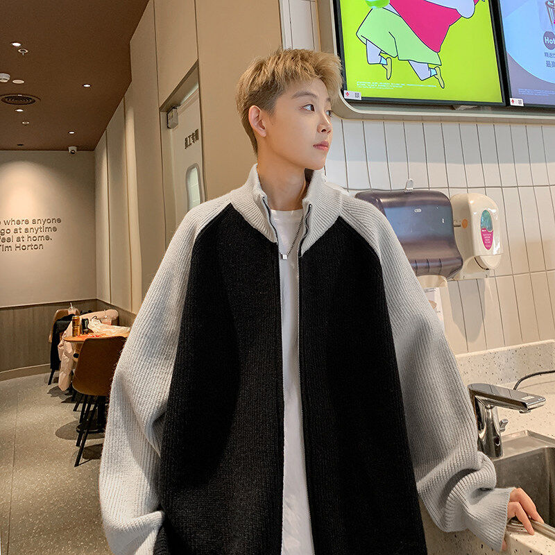 Loose knitted color block semi-senior long zipper sweater cardigan coat sweater