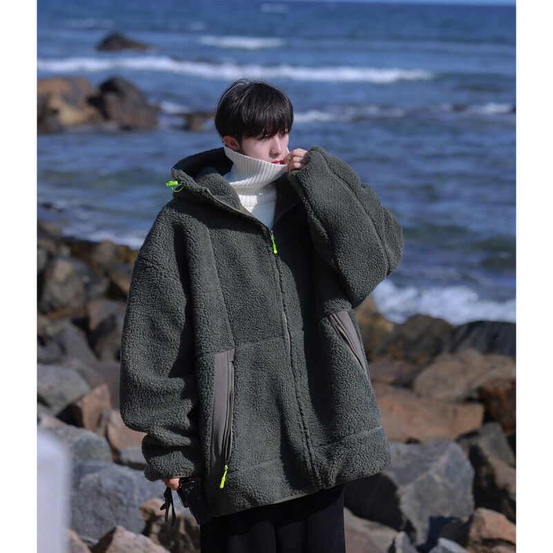 Winter casual simple men's zipper lamb wool coat