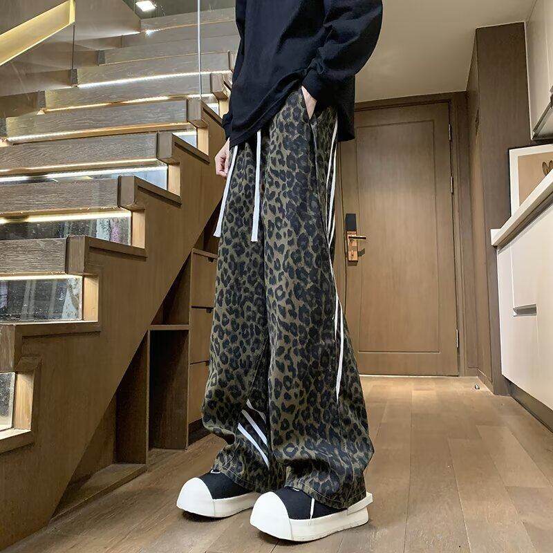 Washed leopard print jeans for men, loose straight wide leg drapey patchwork striped casual pants