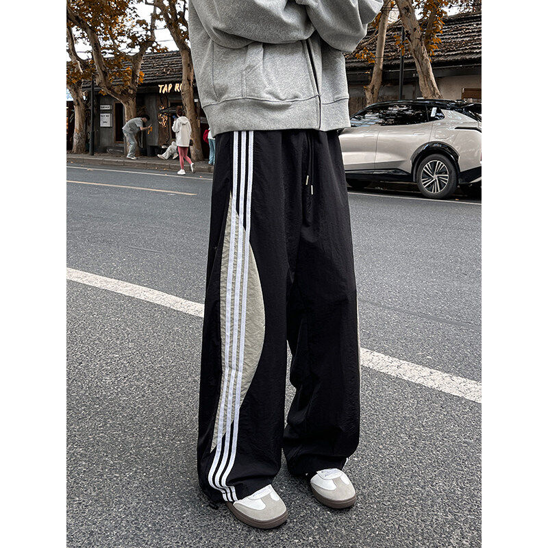 Thickened velvet striped overalls with ankles, casual wide-leg American sports pants for men